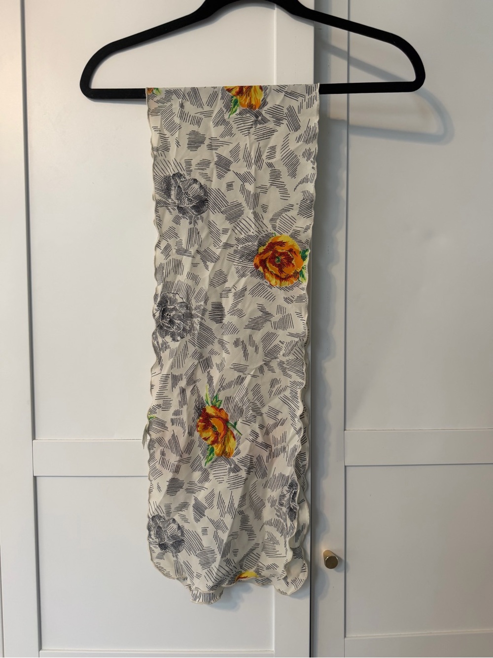 Vintage Floral Rectangle Scarf Made in USA 100% Polyester Ivory Black Orange 50”